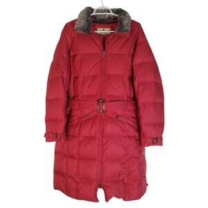 Woolrich Parka Coat Puffer Quilted Belt Waist Faux Fur Collar Red Womens Large